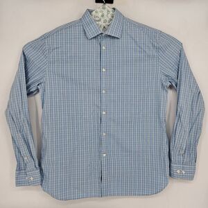 John Varvatos Shirt Mens 17 36 37 Button‎ Up Plaid Blue White Long Sleeve